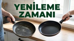 Çizilmiş teflon tavanın yenilenme zamanı geldiğini gösteren görsel