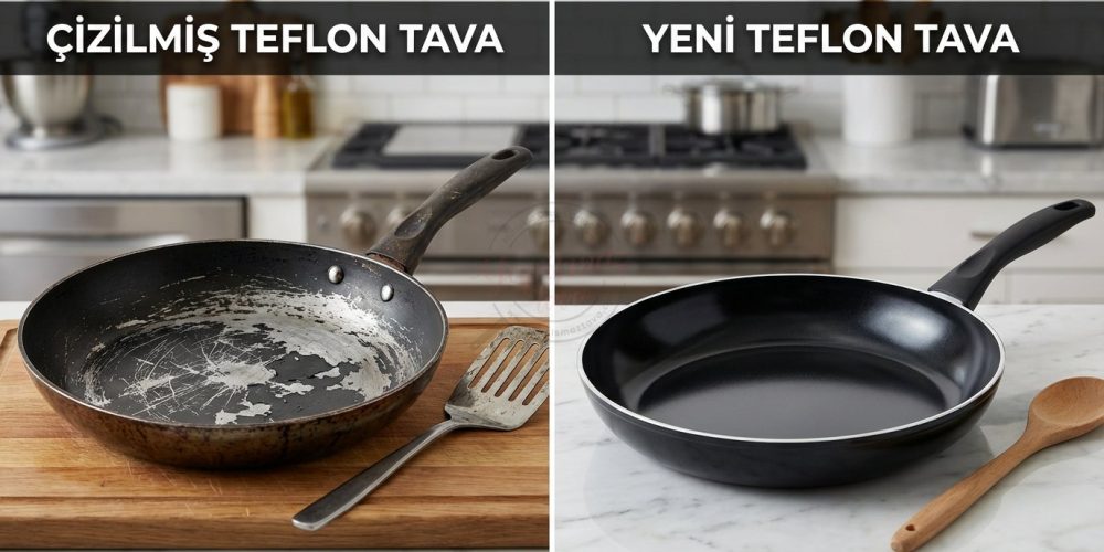 Çizilmiş teflon tava ile yeni teflon tava karşılaştırması