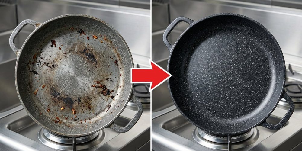 Yıpranmış tava ile yeni kaplanmış tavayı karşılaştıran profesyonel görsel