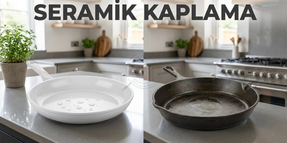 Seramik kaplama nedir sorusunu yanıtlayan, seramik ve geleneksel tava karşılaştırma görseli.