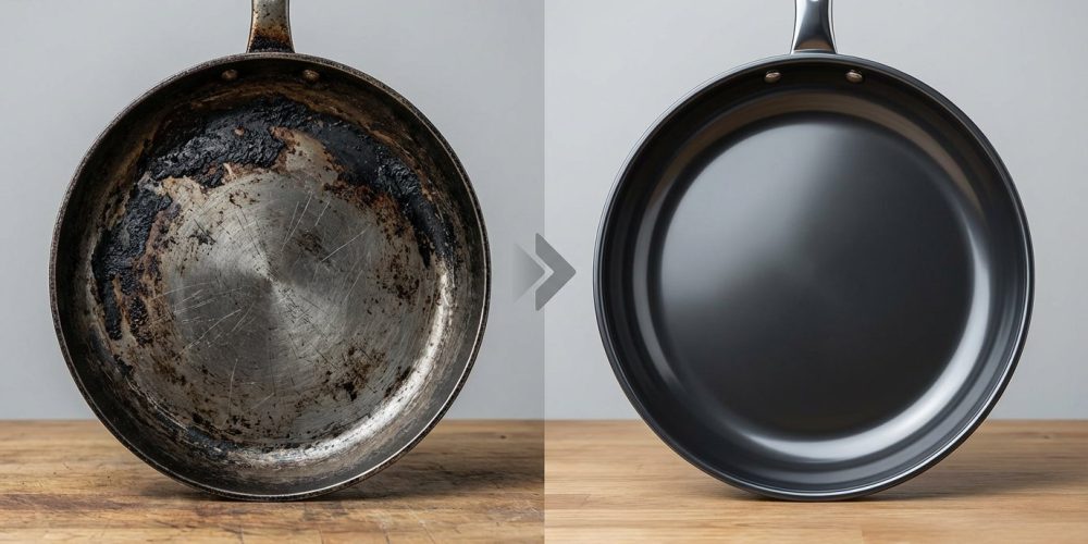 Yanmış ve kararmış tava ile yenilenmiş tava karşılaştırması